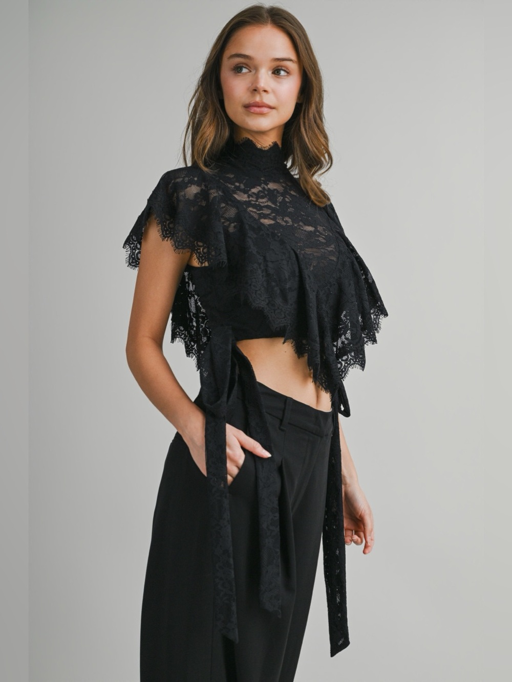 Catherine Ruffled Lace Black Crop Top - Picture 8 of 12